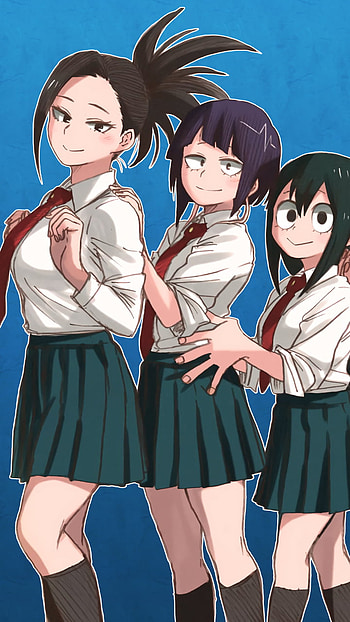 My Hero Academia Schoolgirls, black hair, tie, school uniform, uniform, skirt, Tsuyu Asui, Momo Yaoyorozu, Kyōka Jirō, schoolgirl, Anime, My Hero Academia HD phone wallpaper