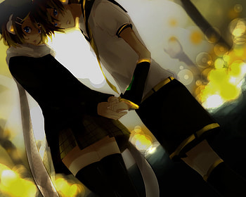 Len & Rin, sexy, blue eyes, brothers, cute, girl, vocaloid, anime, boy, short hair, kagamine rin, blonde hair, kagamine len HD wallpaper