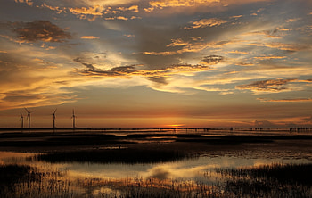 Nature, Sunset, Sea, Shore, Bank, Evening, Windmills, Puddles, Wind Turbines HD wallpaper