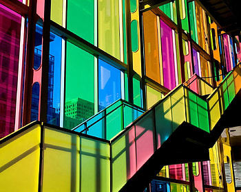 Staircase at Palais des Congres Quebec, stairs, abstract, windows, stained, colors, metal, glass, quebec HD wallpaper
