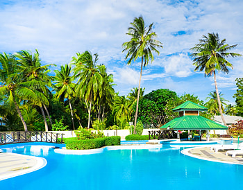 Paradise, blue, chair, tropical, peaceful, relax, beauty, chairs, trees, water, exotic, gazebo, beautiful, grass, summer, green, view, bridge, clouds, nature, pool, sky, lovely HD wallpaper