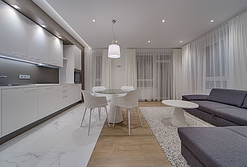 Stylish minimalist kitchen and living room with contemporary furniture. HD wallpaper