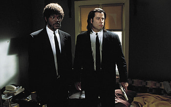 men, Actor, Movies, Film Stills, Suits, Tie, Pulp Fiction, Gun, John Travolta, Samuel L. Jackson, Jules Winnfield, Vincent Vega, Room, Afro, Long Hair, Bed, ... HD wallpaper