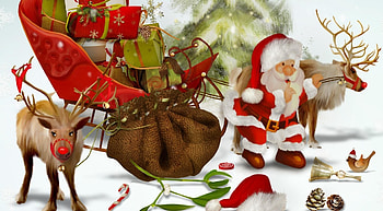 Holidays, Cones, Santa Claus, Deers, Bird, Christmas Tree, Bag, Sack, Presents, Gifts HD wallpaper