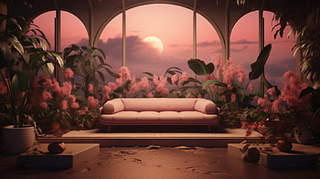 Serenity Garden Sunset View, aesthetic, pink aesthetic, sofa, couch, interior design HD wallpaper