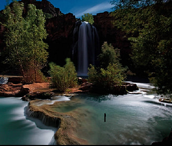 A Long Drop, blue, rock, light, green, pools, waterfall, clouds, trees, sky, water HD wallpaper