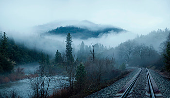 Nature, Trees, Mountains, Lake, Fog, Railway HD wallpaper