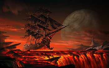 Dead Man's Journey, ship, pirate, moon, lava HD wallpaper