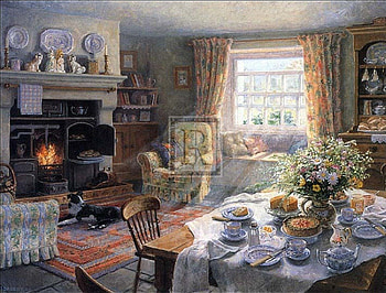 tea by the fireplace, architecture, tea time, painting, fireplace, interior HD wallpaper