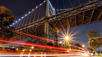 car lights under a mighty bridge, bridge, trees, movement, lights HD wallpaper