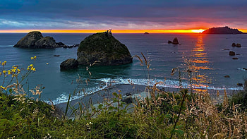 Pacific Ocean sunset. Luffenholtz, California, sky, sea, clouds, colors, rocks, usa HD wallpaper