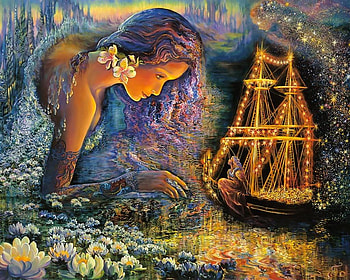 Starship , fairy, lotus flowers, ship, abstract, fantasy, stars, woman HD wallpaper