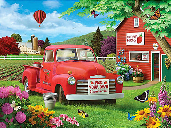 Fruitful Fields, artwork, butterflies, barn, digital, car, sky, flowers, balloon HD wallpaper