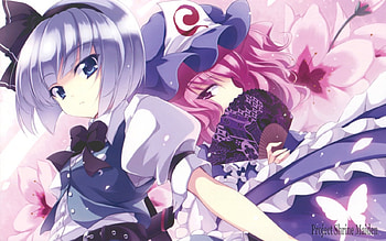 Project Shrine Maiden, blue eyes, saigyouji yuyuko, bows, anime, butterfly, touhou, friends, konpaku youmu, hat HD wallpaper