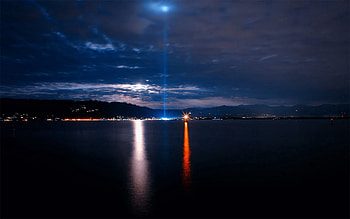 Sea, Nature, City, Lights, Coast, Shine, Light, Laser HD wallpaper