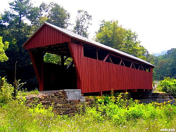 Hokes Mill Bridge, bridge, trees, sky, red HD wallpaper