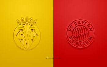 Villarreal vs FC Bayern Munich, 2022, UEFA Champions League, Quarterfinals, 3D logos, yellow red background, Champions League, football match, 2022 Champions League, Villarreal CF, FC Bayern Munich HD wallpaper
