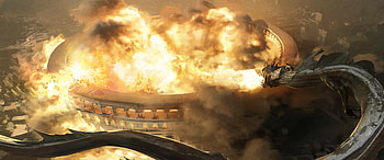 Dragon Over the Burning Arena — Fantasy, fantasy, creature HD wallpaper