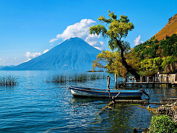 Lake Atitlan, Guatemala, blue, boat, pier, shore, reflection, trees, water, dock, exotic, Guatemala, lake, mountain, summer, clouds, nature, sky, atitlan HD wallpaper