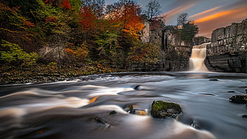 Evening at the Waterfall, sunset, river, landscape, trees, colors, sky, rocks HD wallpaper