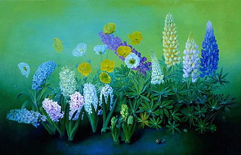 Flowers, artwork, poppies, painting, petals, blossoms, colors, Hyacinths, Lupines HD wallpaper