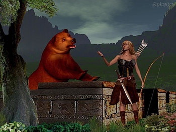 The Bear, mountains, sword, woman archer, tree HD wallpaper