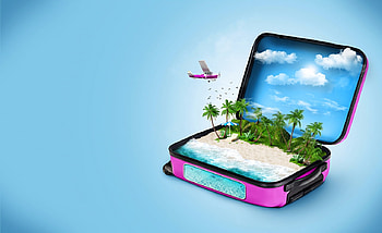 Tropical island, Airplane, Paradise, Travel, Beach, Suitcase, Sea view HD wallpaper