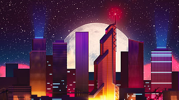 Moscow, skyscrapers, buildings, retro, neon, moon, digital art HD wallpaper