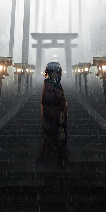 fog, stairs, torii, rain, Anime, Rain Anime HD phone wallpaper