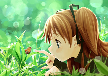 Anime, Nature, Plant, Butterfly, Girl HD wallpaper
