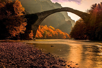 Riverside travels, Bridge sunrise fall, Sunbeams riverside mountains, Greece golden day HD wallpaper