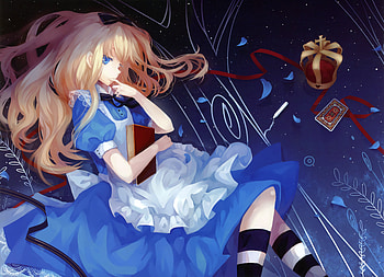 Alice in wonderland`, blue eyes, plants, dresses, crowns, bows, long hair, jewelry, the equinoctial line, books, cards, dhiea, alice in wonderland, blonde hair, hair, female HD wallpaper
