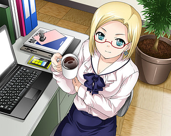 coffee break, blonde, cute, digital, files, sunglasses, coffee, laptop, glasses, water, office, female, sexy, hot, girl, anime girl, anime, technology, work, drink HD wallpaper