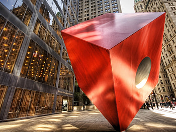 red modern sculpture in downtown manhatten r, skyscrapers, city, red, sculpture, r, modern HD wallpaper