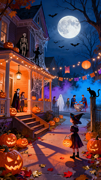 Moonlit Halloween Porch — , halloween, jack-o'-lantern, witch, haunted house HD phone wallpaper