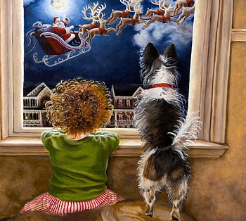 Looking Hopefully to Santa, dog, artwork, sleigh, reindeer, painting, window, christmas, child HD wallpaper