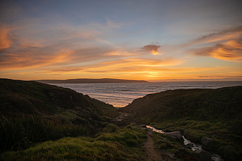 Nature, Sunset, Grass, Sea, Horizon, Shore, Bank HD wallpaper