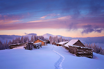 Houses, winter, landscape, sunset HD wallpaper