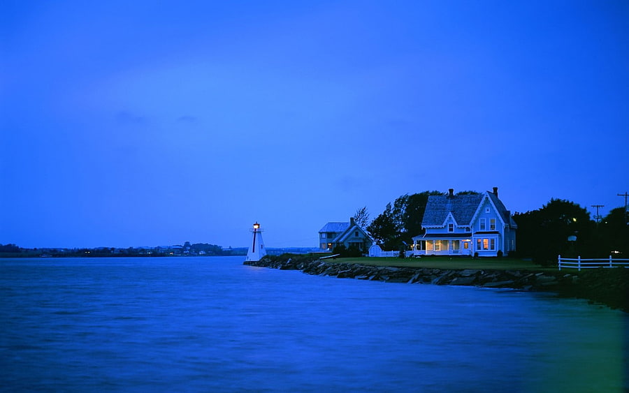 Lighthouse Point at Night, blue, sea, oceans, architecture, lighthouses, houses HD wallpaper
