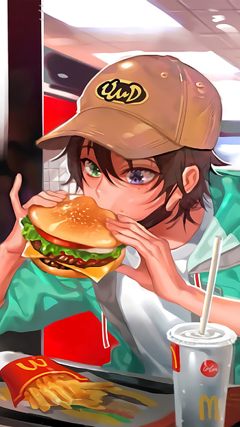 My Angel 06, hamburguer, baseball_cap, anime_boy, eat, brown, boy, cute, anime, food HD phone wallpaper