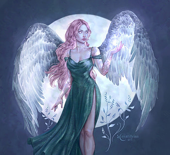 Angel by Maria Makovetskaya, wings, blue, frumusete, angel, mistillteinn, maria makovetskaya, fantasy, moon, luna, luminos HD wallpaper