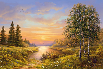 Sunset, trees, sun, painting HD wallpaper