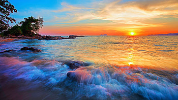 Seaside Sunset, sea, clouds, shore, sky, stones HD wallpaper