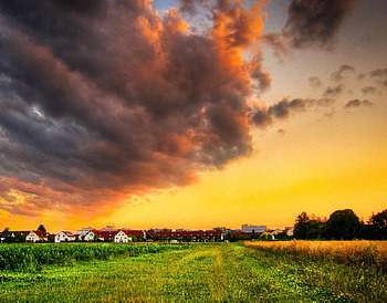 the visitors, green, clouds, fields, grass, land, village HD wallpaper