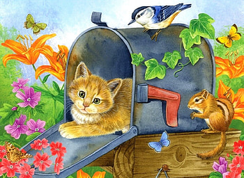 Waiting for the mail, kitten, bird, colors, paintings, cat, spring, summer, butterflies, love four seasons, animals, mail, draw and paint, flowers, squirrel HD wallpaper