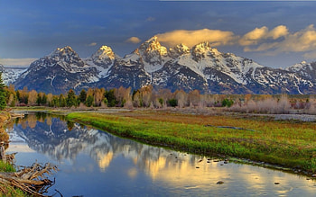 gorgeous mountains landscape, river, reflection, clouds, grass, mountains, forest HD wallpaper