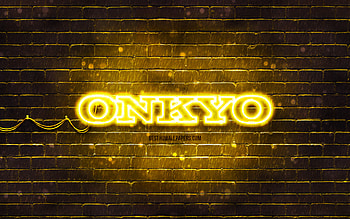 Onkyo yellow logo, , yellow brickwall, Onkyo logo, brands, Onkyo neon logo, Onkyo HD wallpaper