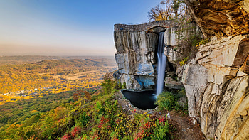 Rocks waterfall, city, USA, beautiful, rock, mountain, wildflowers, waterfall, view, sky HD wallpaper