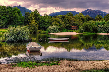 Serenity, mirror, boat, beautiful, tranquil, lake, reflection, calmness, forest HD wallpaper