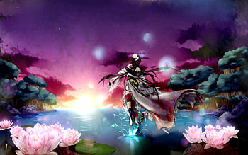 Fantasy girl, night, blue, morning, flower, game, water, sun, girl, aqua, tree, lake, purple, pink, fantasy, light, green, sky, lotus HD wallpaper